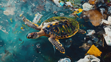 A turtle swimming through polluted waters filled with oil and plastic debris, symbolizing the threat of water pollution to marine life.の素材