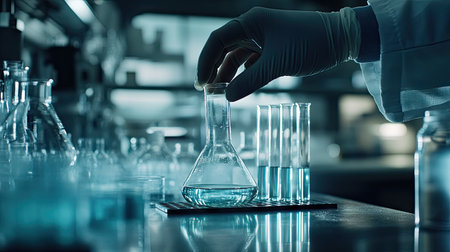 A scientist's hand pouring liquid from one beaker to another, with additional glassware and lab equipment in the background, emphasizing precision in the lab.の素材