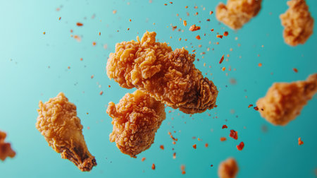 Pieces of crispy fried chicken floating in the air, surrounded by flying seasoning flakes, set against a bold turquoise background.の素材