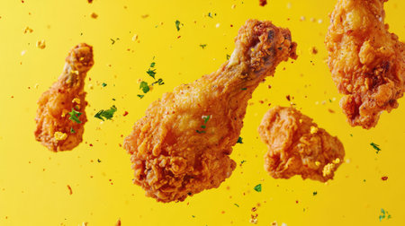 Crispy fried chicken pieces flying through the air against a vibrant yellow background, with crumbs and herbs scattering around them.の素材