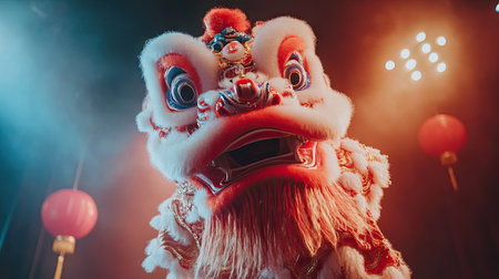 A thrilling moment captured during a lion dance show, with the lion performer raising its head high, engaging the audience with an expressive and lively demeanor.の素材