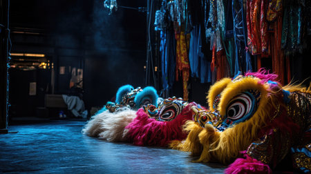 A serene moment captured between performances, with lion dancers resting and preparing backstage, their vibrant costumes reflecting the hard work and dedication.の素材