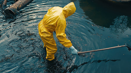 A worker in a yellow quarantine suit using a long-handled tool to collect crude oil from the surface of the water near an industrial spill site.の素材