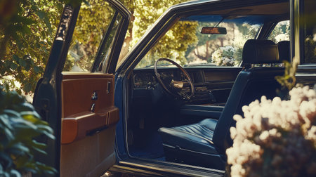 A serene scene of a parked car with the doors open, showcasing the seatbelts in a relaxed setting, encouraging the idea of safety even when stationary.の素材