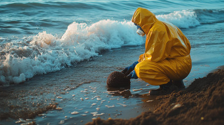 A worker in a yellow quarantine suit kneeling near the shoreline, using absorbent materials to collect crude oil from an oil spill on the beach.の素材