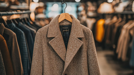 A stylish coat draped on a wooden hanger, standing out against a backdrop of casual shirts and jackets in an upscale retail space.の素材