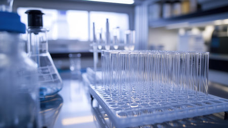Empty glass test tubes placed in a rack, with beakers and pipettes in the background, highlighting the clean and sterile laboratory environment.の素材