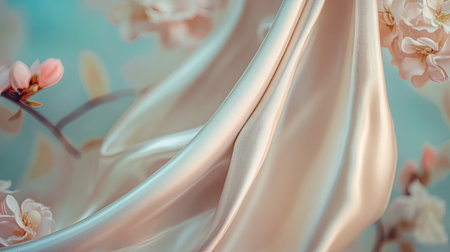 A soft satin ribbon draped over a decorative frame, with a blurred background of flowers, enhancing the romantic feel of the composition.の素材