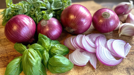 Whole red onions, with some peeled and sliced, displayed on a cutting board next to a bunch of fresh basil and garlic cloves.の素材