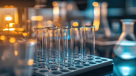 Empty glass test tubes placed in a rack, with beakers and pipettes in the background, highlighting the clean and sterile laboratory environment.の素材