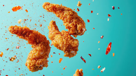 Fried chicken tenders flipping in the air, with breadcrumbs and hot spices suspended around them, set against a bright teal background.の素材