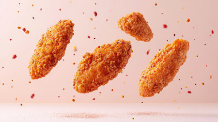 Flying fried chicken tenders with sprinkles of seasoning and sauce drops suspended mid-air, contrasted against a pale pink background.の素材