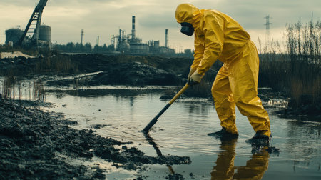 A worker in a yellow quarantine suit using a long-handled tool to collect crude oil from the surface of the water near an industrial spill site.の素材