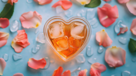 A whimsical flat lay of a heart-shaped ice cube tray surrounded by petals and a glass of iced tea, creating a romantic and refreshing ambiance.の素材