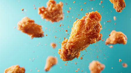 Pieces of crispy fried chicken floating in the air, surrounded by flying seasoning flakes, set against a bold turquoise background.の素材