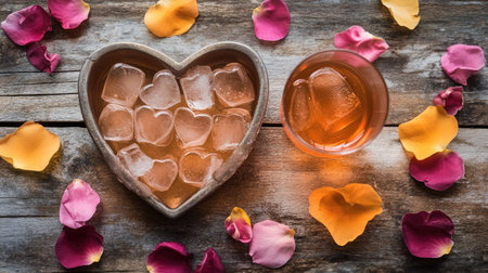 A whimsical flat lay of a heart-shaped ice cube tray surrounded by petals and a glass of iced tea, creating a romantic and refreshing ambiance.の素材