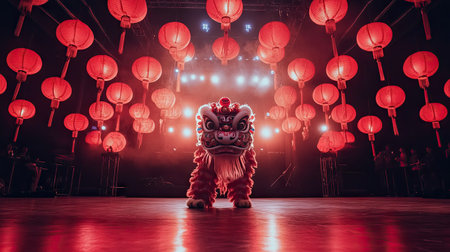 A wide-angle shot of a lion dance team performing on a stage adorned with red lanterns, emphasizing the cultural significance and vibrancy of the event.の素材