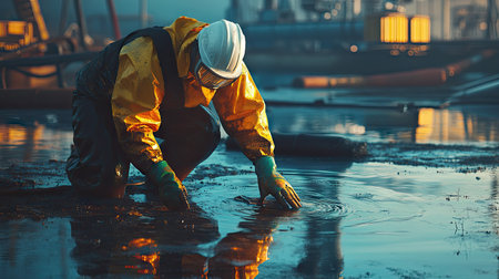 A worker in full protective gear standing knee-deep in polluted water, carefully placing materials to absorb and contain the spread of crude oil.の素材