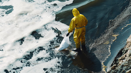 A worker in a yellow hazmat suit spreading absorbent material along the shoreline, as oil floats in the water, ensuring the containment of the spill.の素材
