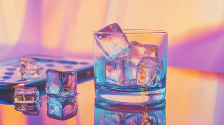 A vibrant photo of ice cubes glistening in a glass, showcasing their clarity and texture, with an ice cube tray artistically positioned in the background.の素材