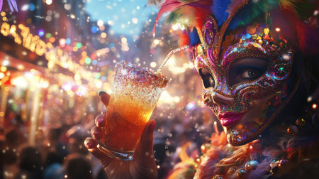 A whimsical image of a person in a colorful carnival mask holding a sparkling drink, with a lively crowd and festive lights in the background, encapsulating the carnival vibe.の素材