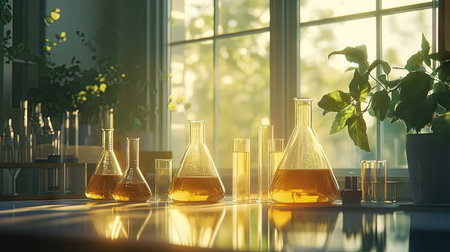 Different sizes of volumetric flasks and graduated cylinders filled with liquid, reflecting light from a nearby window, set in a pristine laboratory.の素材