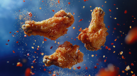 Spicy fried chicken wings soaring upward, with red chili flakes and crumbs scattered around, highlighted against a deep blue background.の素材