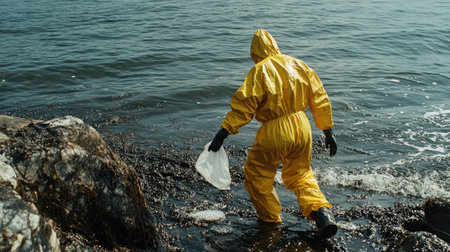 A worker in a yellow hazmat suit spreading absorbent material along the shoreline, as oil floats in the water, ensuring the containment of the spill.の素材
