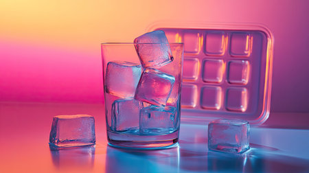 A vibrant photo of ice cubes glistening in a glass, showcasing their clarity and texture, with an ice cube tray artistically positioned in the background.の素材