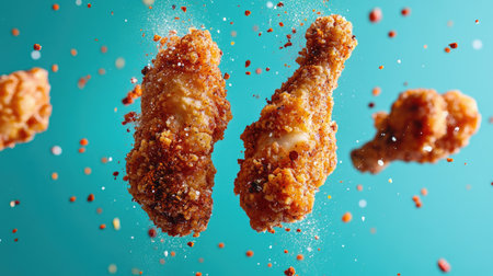 Fried chicken tenders flipping in the air, with breadcrumbs and hot spices suspended around them, set against a bright teal background.の素材