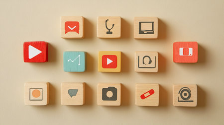 A set of wooden blocks featuring various online education icons, including video calls and digital notepads, arranged on a neutral background.の素材