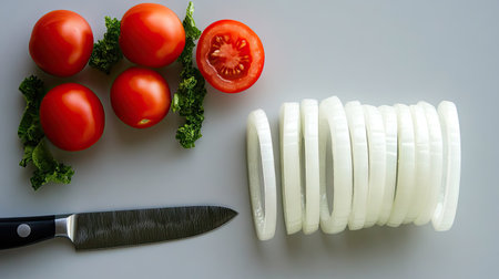 Sliced raw white onions arranged in rings, placed next to a sharp knife and fresh tomatoes, ready for a salad preparation.の素材
