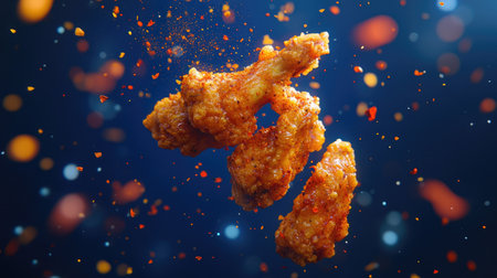 Spicy fried chicken wings soaring upward, with red chili flakes and crumbs scattered around, highlighted against a deep blue background.の素材