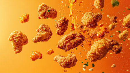 A variety of fried chicken pieces flying through the air, with sauce splashes and crumbs in motion, all set against a vivid orange background.の素材
