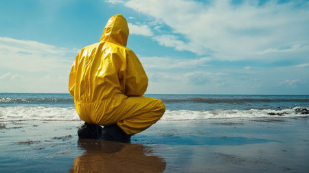 A worker in a yellow quarantine suit kneeling near the shoreline, using absorbent materials to collect crude oil from an oil spill on the beach.の素材