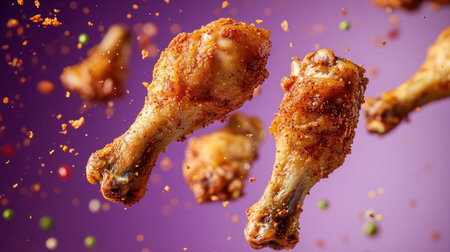 Fried chicken drumsticks spinning in mid-air, against a purple background, with crumbs and pepper flakes creating dynamic motion.の素材