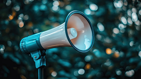 A close-up of a white megaphone speaker with a blue handle on a reflective surface.の素材