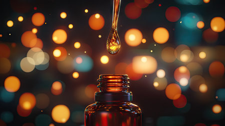 A glowing oil drop falling from a dropper above a brown serum bottle, with blurred bokeh lights.の素材