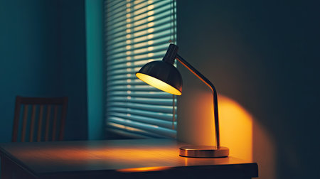 A cool-toned steel desk lamp positioned to light up a minimalist office desk.の素材