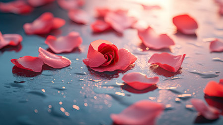 A close-up of dewy rose petals scattered on a glass floor, with reflections adding depth to the image.の素材