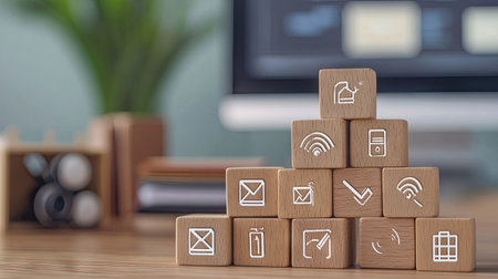 Wooden blocks with online learning icons like cloud storage, mobile devices, and textbooks, arranged neatly on a wooden desk with a blurred computer screen in the background.の素材