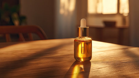 Amber serum dropper bottle with its contents glowing under warm natural light on a wooden table.の素材