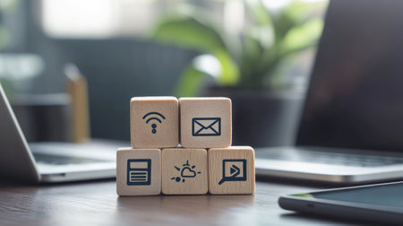 Wooden blocks with symbols for cloud-based learning, webinars, and chat icons, placed on a modern desk setup with a laptop and tablet visible.の素材