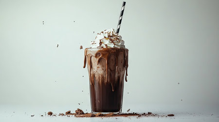 A chocolate milkshake-style drink in a tall glass with a paper straw, placed on a clean white backdrop.の素材