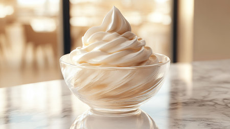 A close-up of a glass bowl filled with freshly whipped cream on a marble countertop.の素材