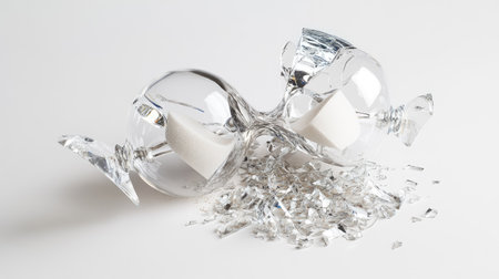 A broken hourglass with scattered sand, photographed on a white background.の素材