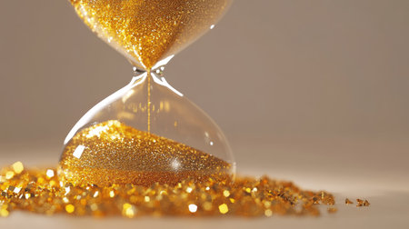 A close-up of an hourglass with sparkling gold sand, isolated on a plain background.の素材