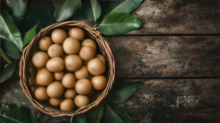 A basket overflowing with fresh longans, surrounded by green leaves on a rustic wooden surface.の素材