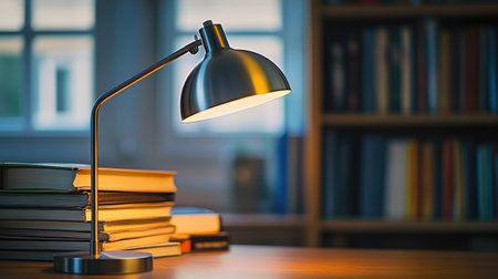 A close-up of a brushed steel desk lamp head, shining light on a stack of books.の素材
