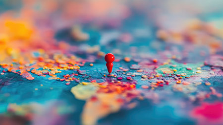 A red pushpin marking a location on a colorful world map, with surrounding areas blurred.の素材